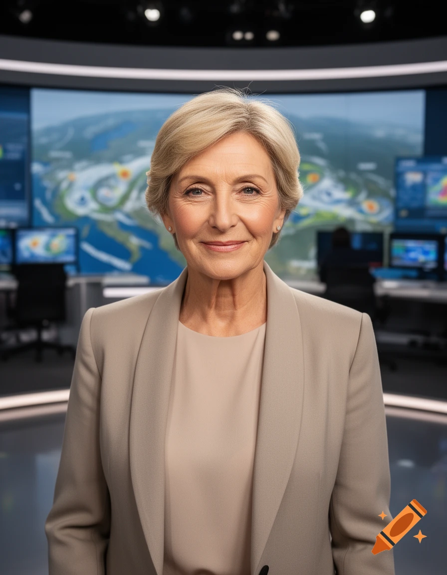 Photorealistic portrait of a woman with short blonde hair in a studio setting with news screens in the background.