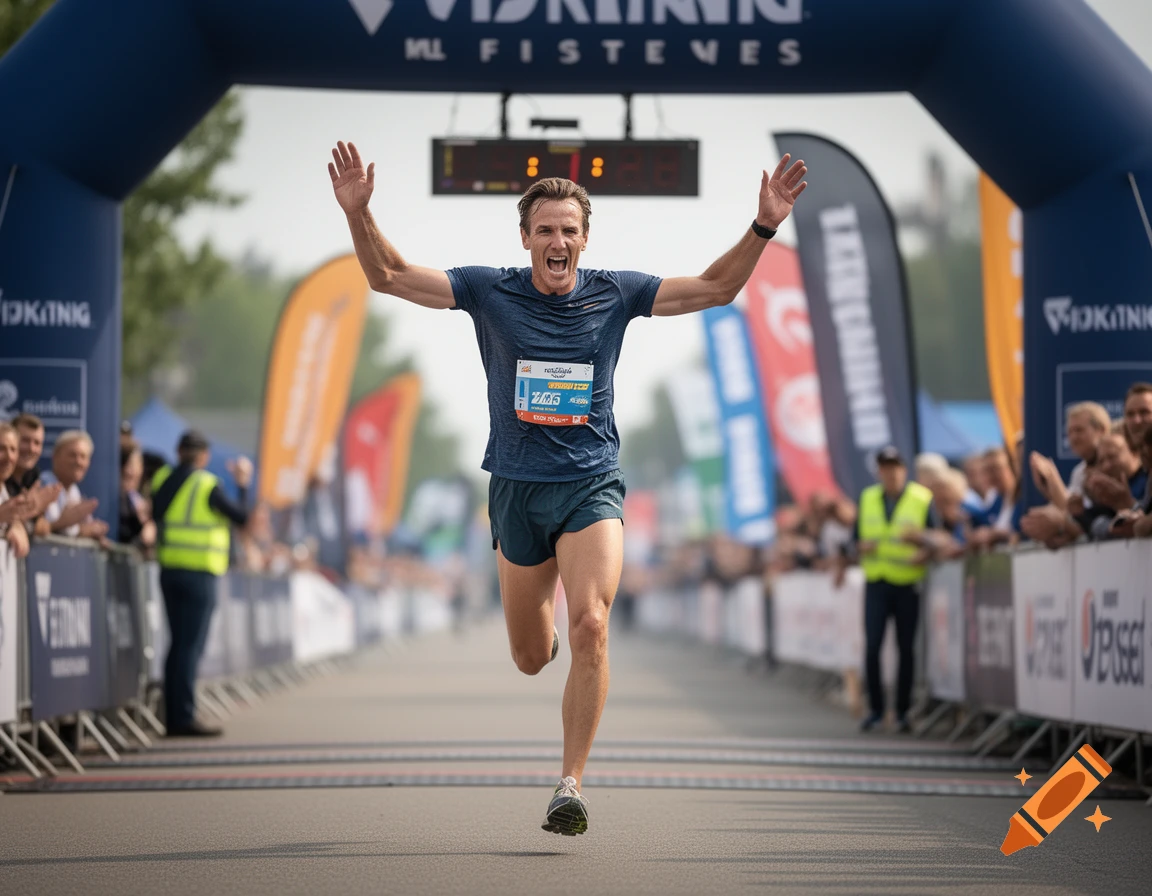 Photorealistic image of a male runner celebrating as he crosses the finish line under an inflatable arch.