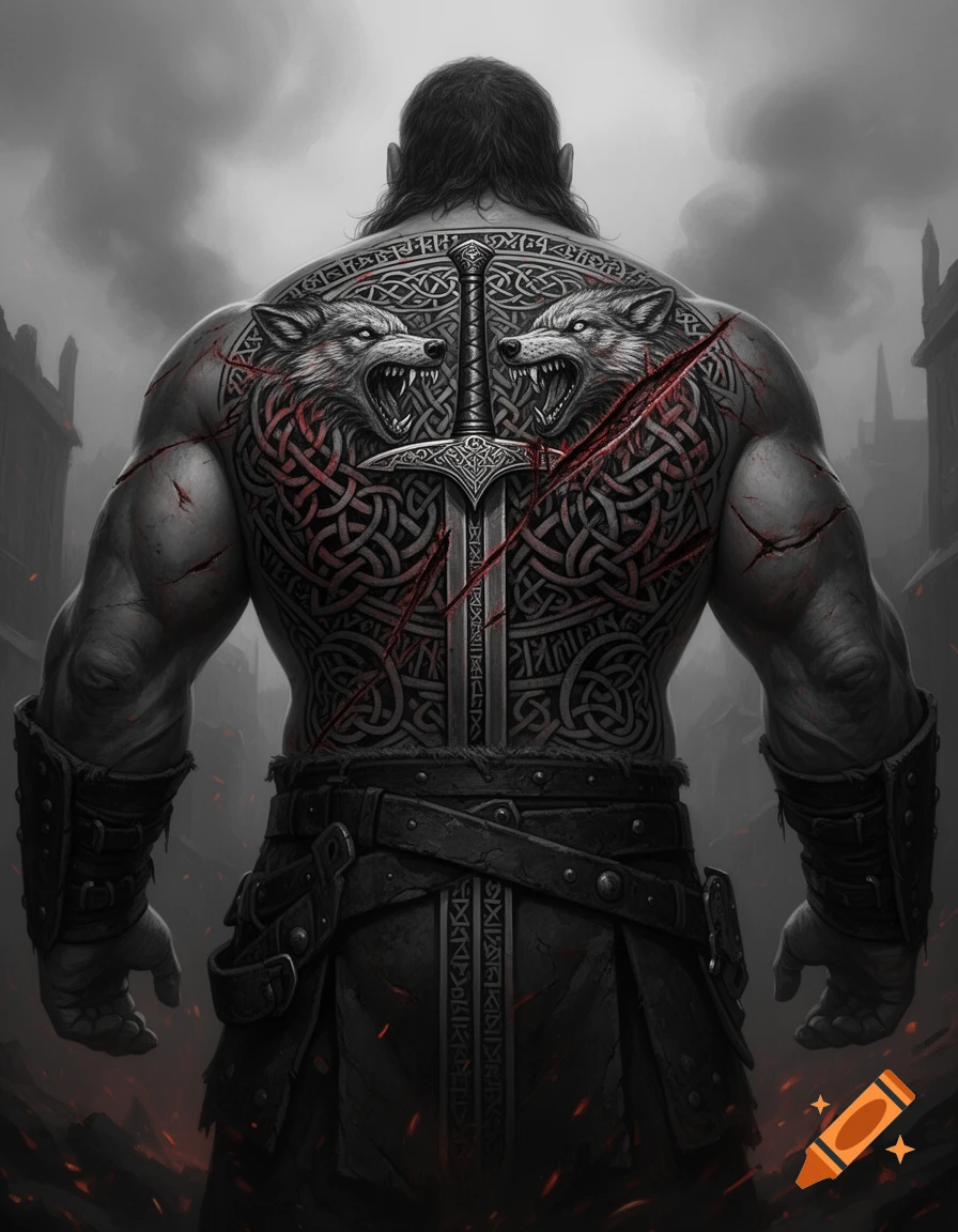 Back view of a muscular man with an intricate blackwork tattoo of a sword, wolves, and runes, dark fantasy style.