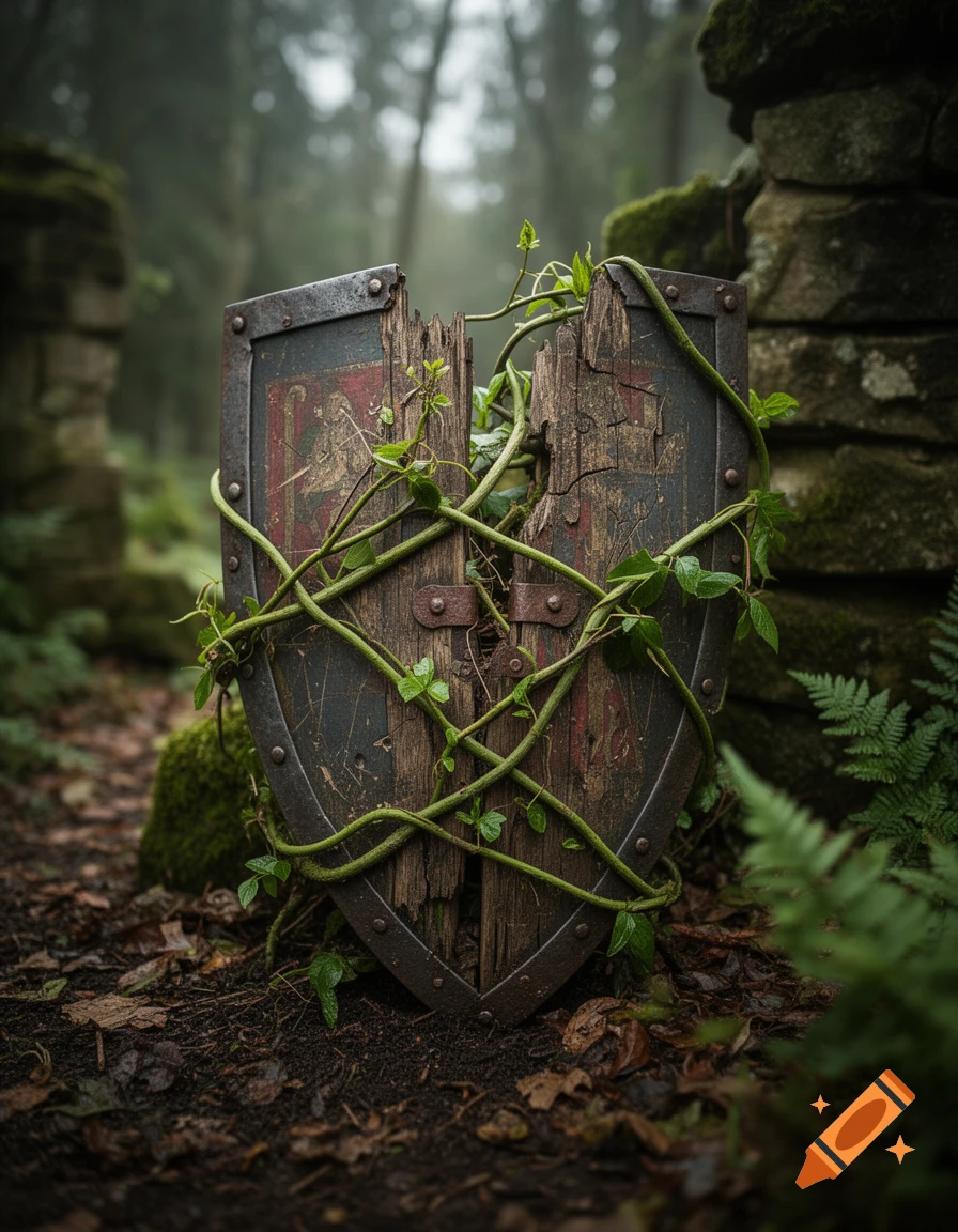 A broken wooden shield bound by green vines, standing upright in a mossy forest.