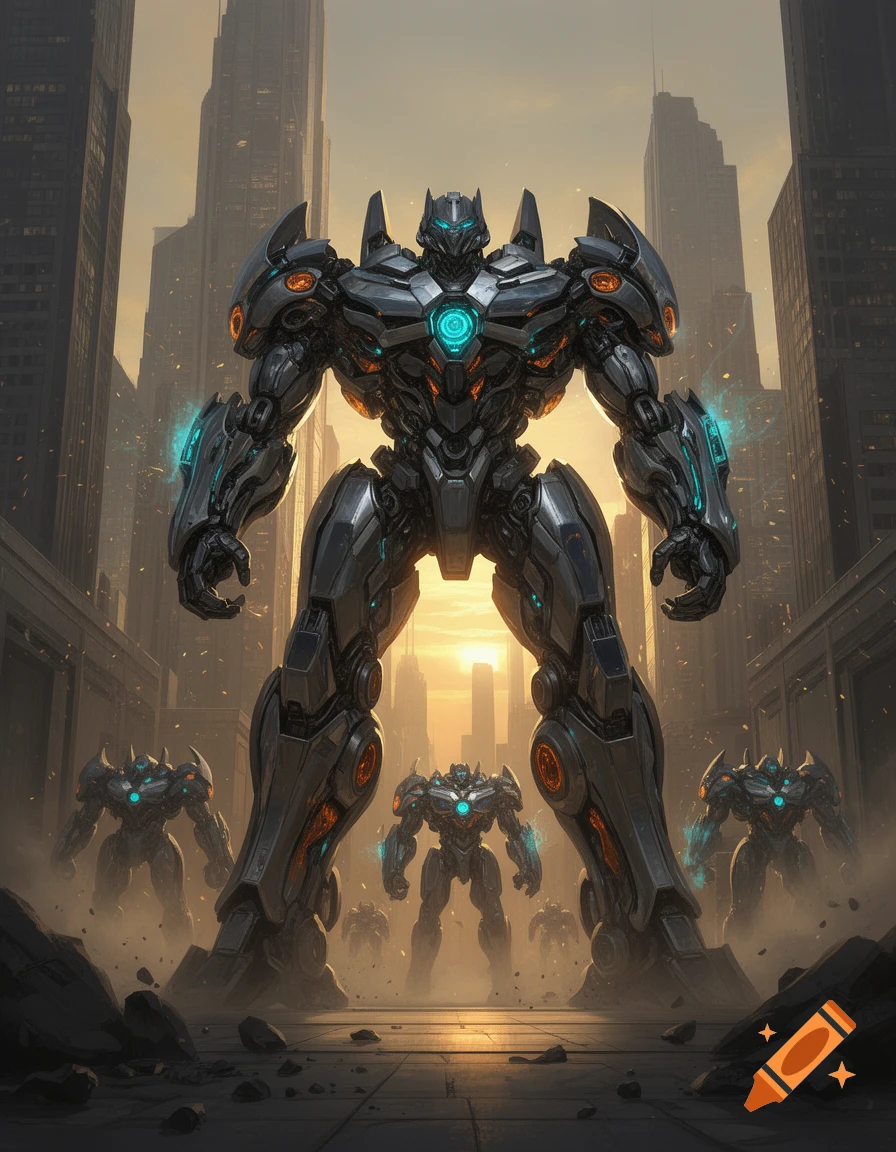 A large robotic transformer stands in the center of a city street with smaller robots behind it, digital art style.