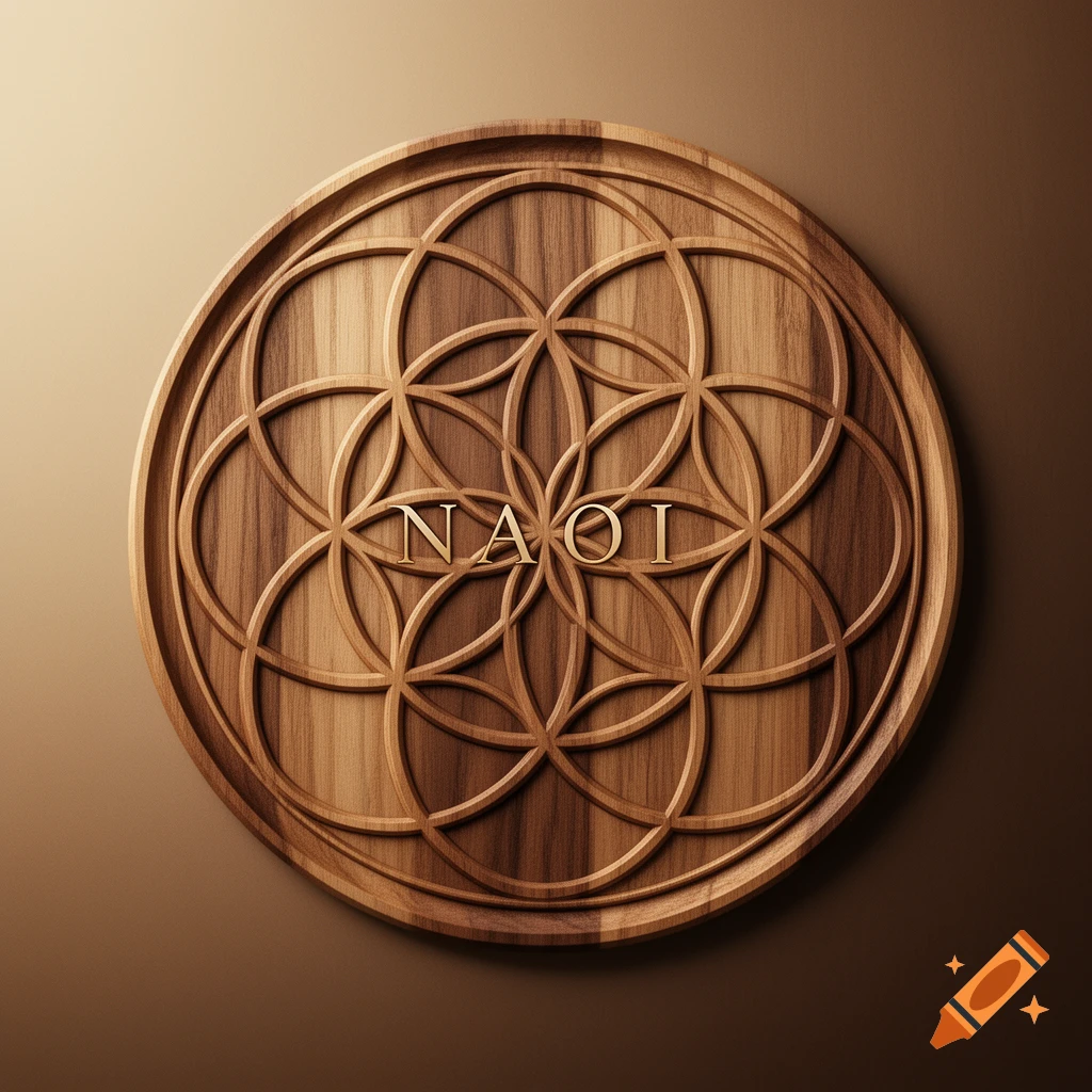 Wooden circular plaque carved with the flower of life pattern and the letters NAOI integrated in the center.