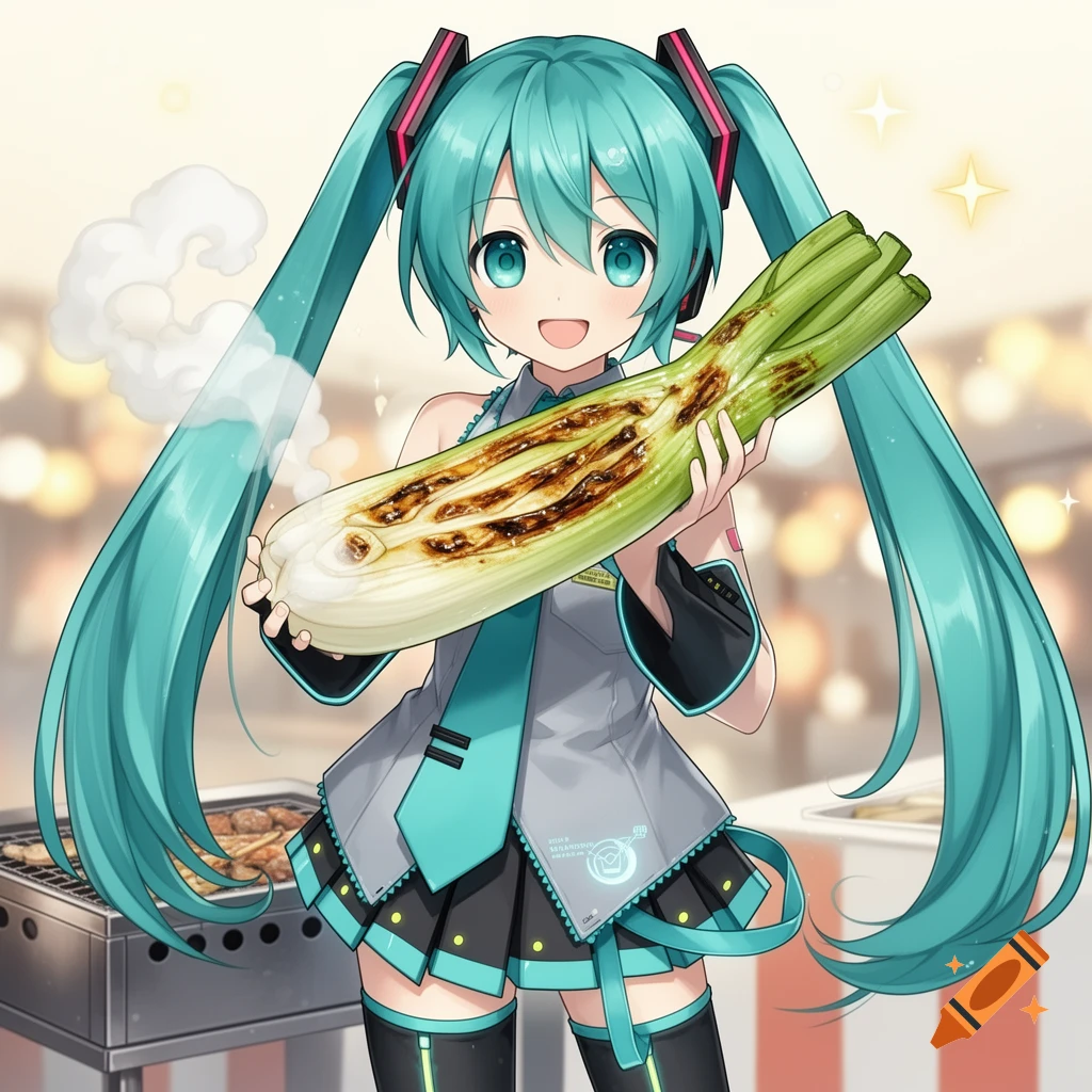 Anime illustration of Hatsune Miku holding a large grilled green onion in an outdoor setting.