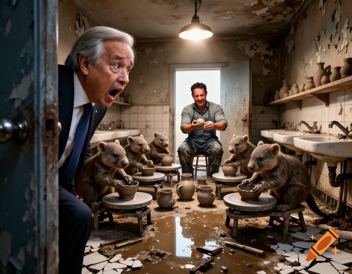 Photorealistic surreal scene of António Guterres looking shocked while Tom Hanks teaches pottery to wombats in a filthy bathroom.