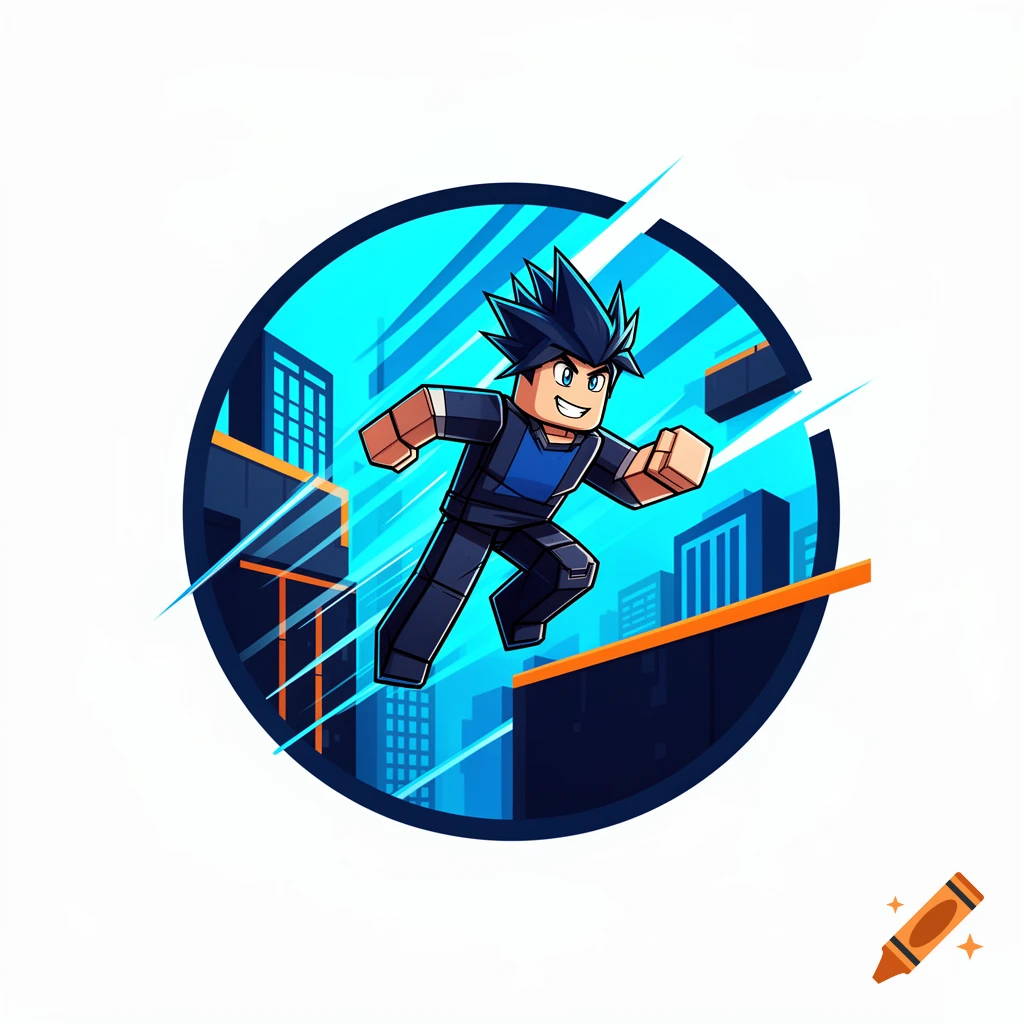 Circular icon featuring an anime-style blocky character jumping through a futuristic city.