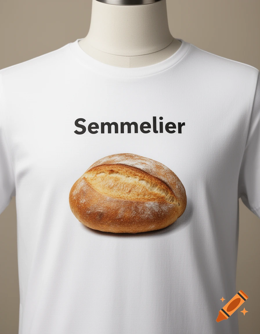 A white t-shirt on a mannequin featuring the text 'Semmelier' and an image of a bread roll.