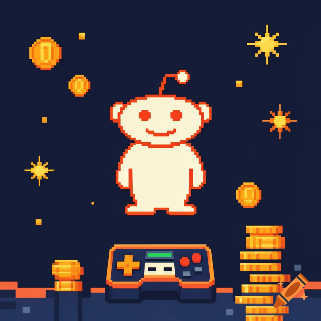 Pixel art of the Reddit Snoo mascot floating above a video game controller and stacks of coins against a starry night background.