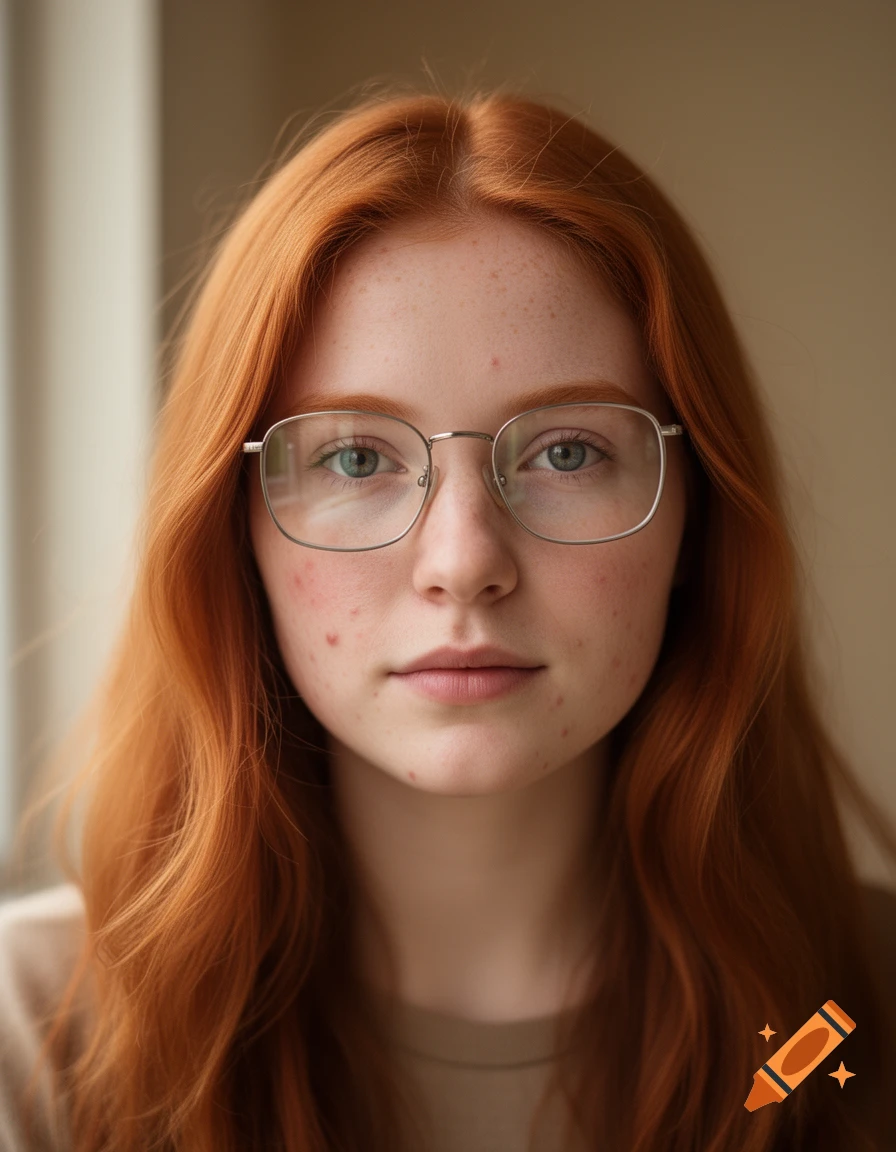Photorealistic portrait of a young woman with long red hair, freckles, and glasses.