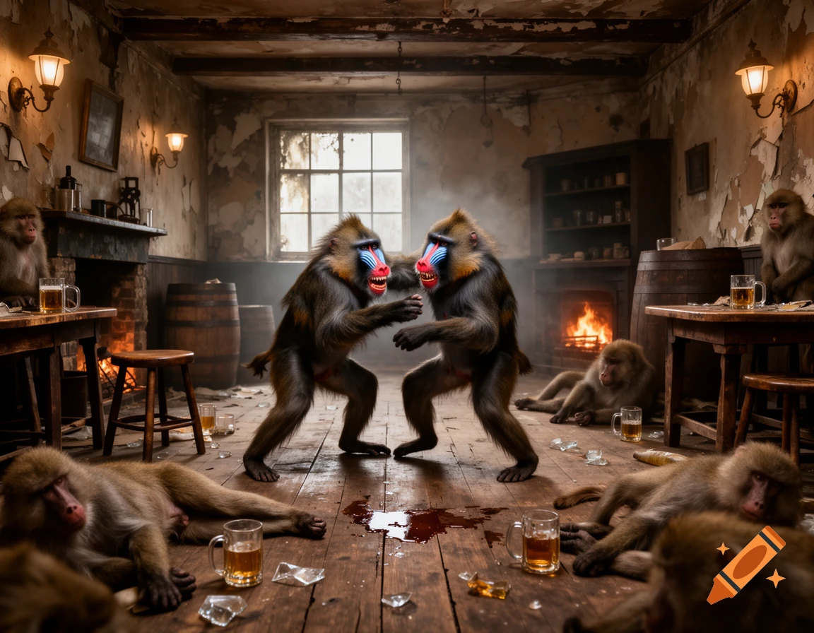 Mandrills fighting and lying around in a ramshackle pub filled with beer mugs, photorealistic style.