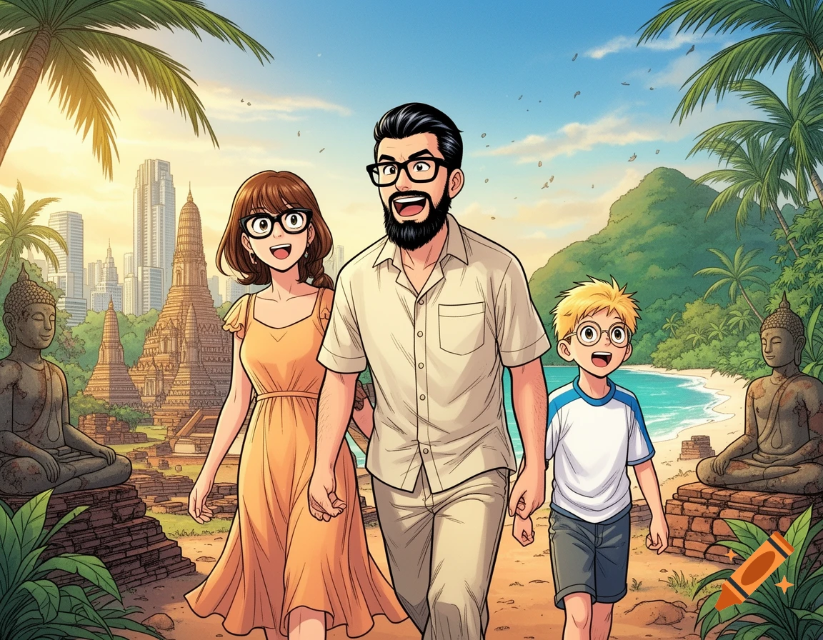 Manga-style illustration of a family of three walking on a beach in Thailand with temples and city skyline in the background.