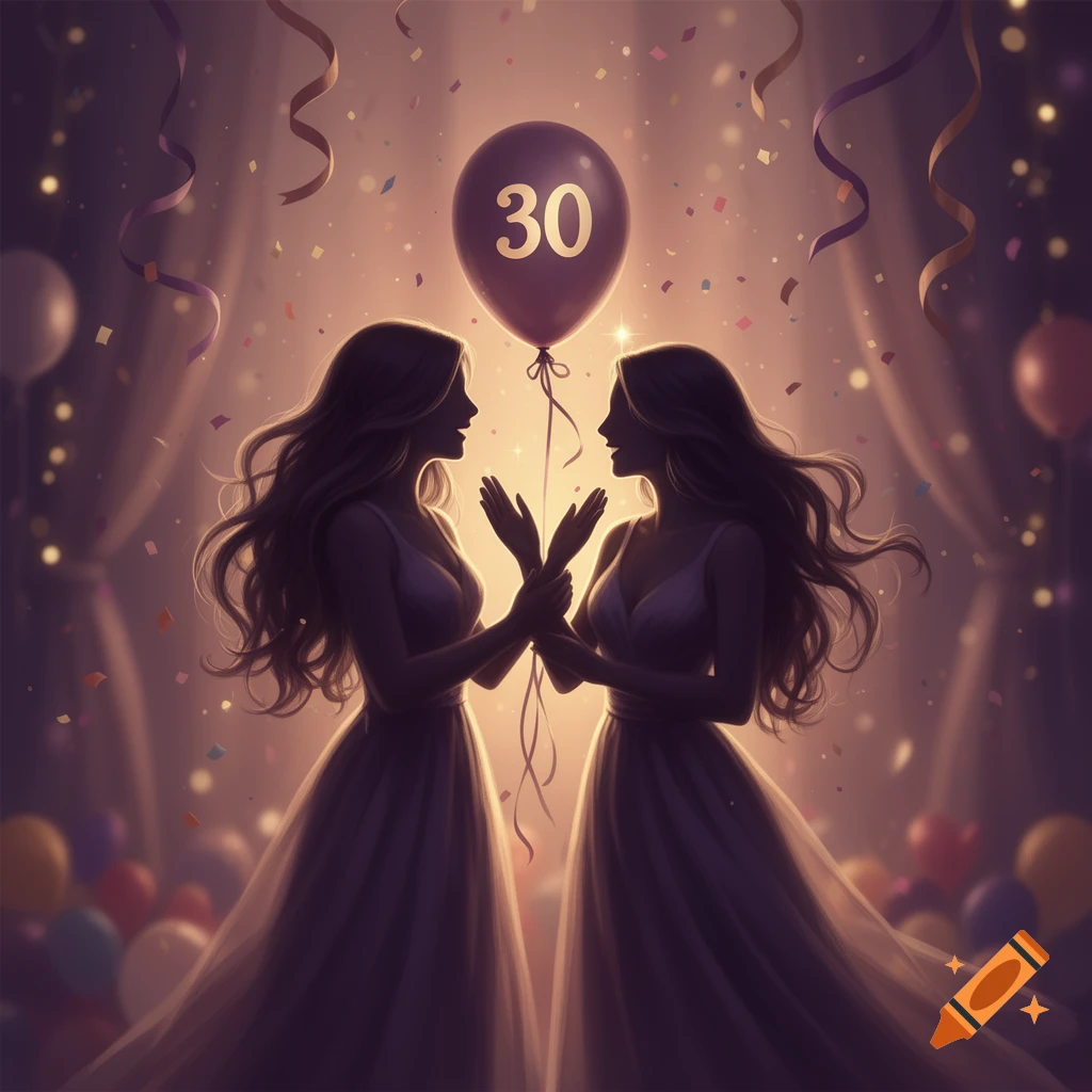 Silhouette of two women facing each other holding a 30th birthday balloon amidst confetti and lights.