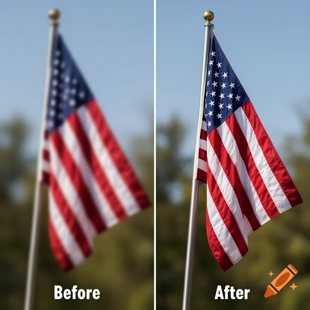 Split image comparison of an American flag on a flagpole, with the left side blurry labeled Before and the right side sharp labeled After.