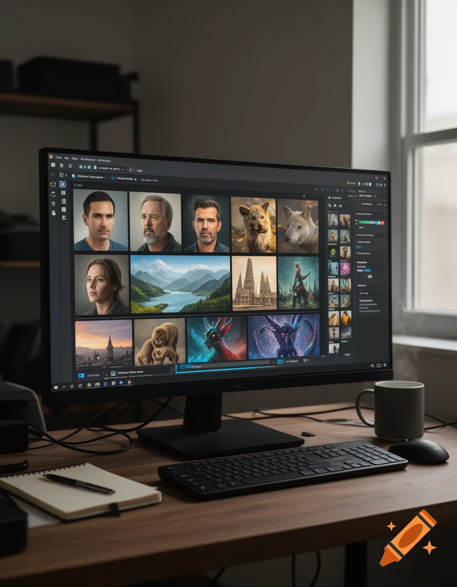 A computer monitor displaying an AI generation interface with various portraits and landscapes, on a wooden desk with a keyboard, mouse, and coffee cup.