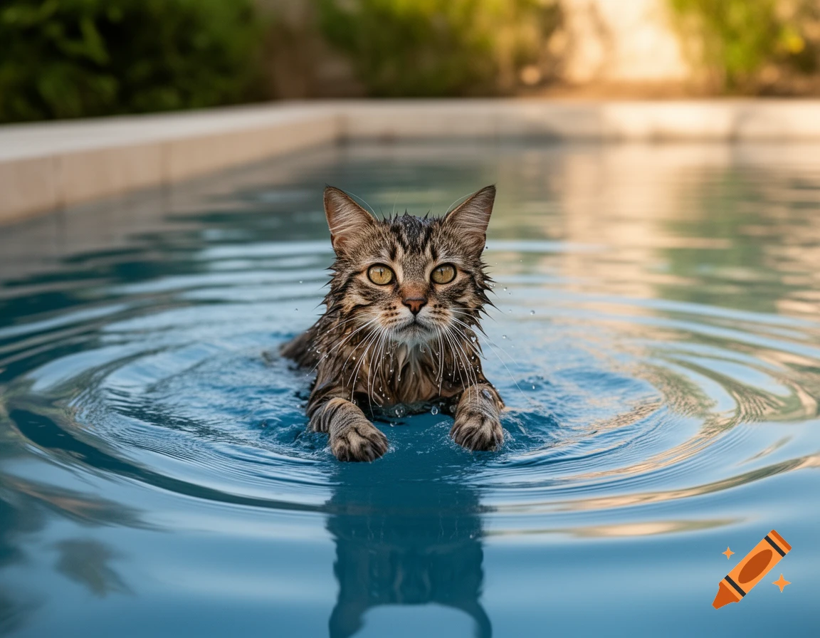 Photorealistic image of a wet tabby cat swimming in a clear blue pool, water rippling around it.