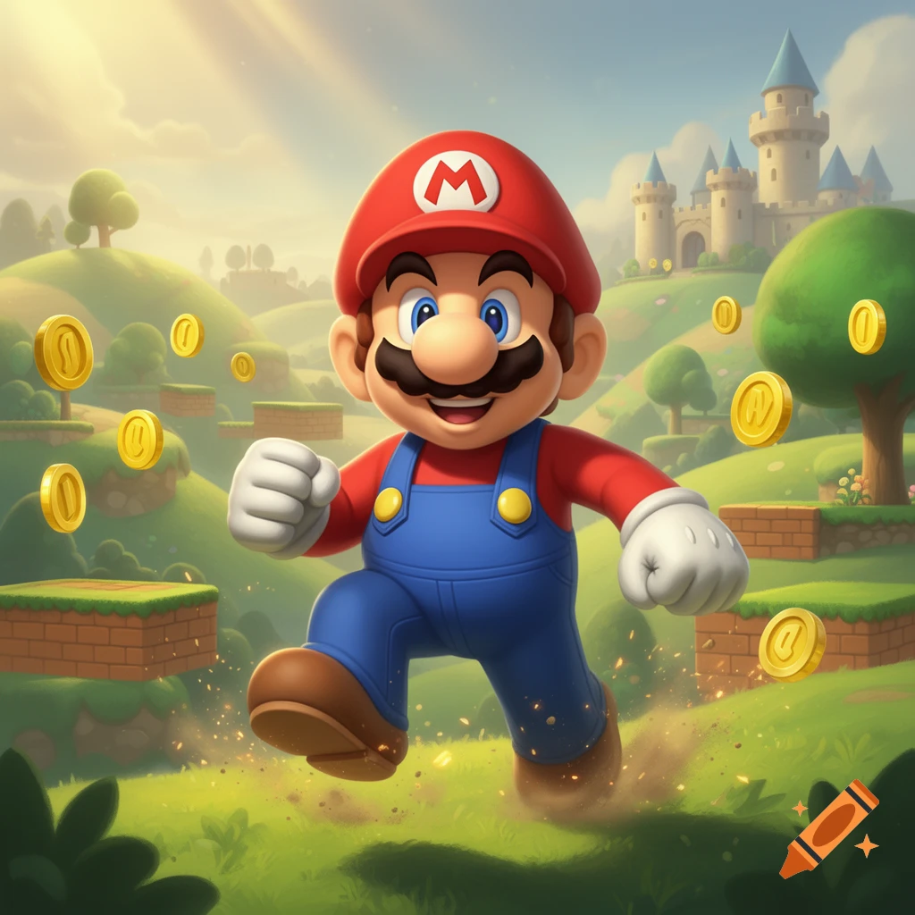 3D digital illustration of Mario running through a vibrant green field with floating gold coins and a castle in the background.