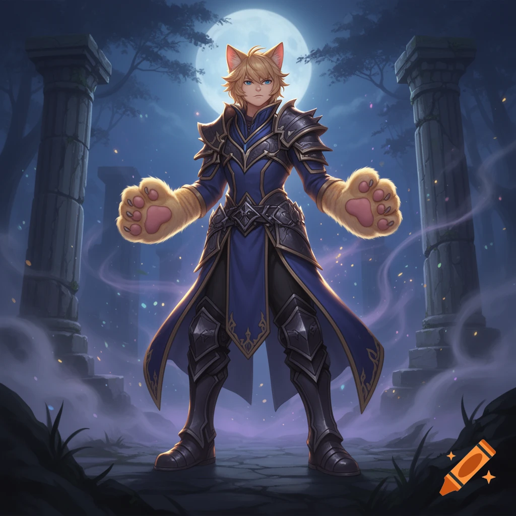 Digital illustration of an anime-style male warrior with cat paws instead of hands, standing in front of ruins and a full moon.