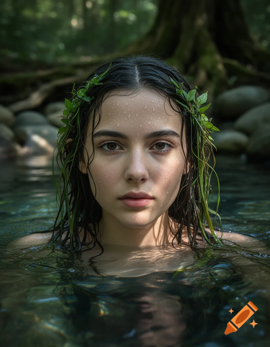 Photorealistic portrait of a woman with dark wet hair and vine crown emerging from a river.