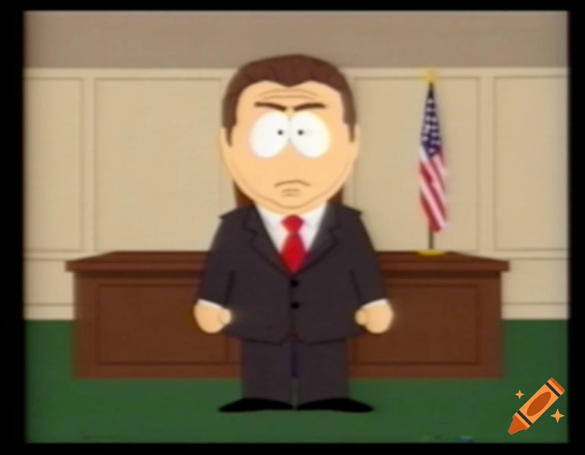 A cartoon character in a suit mimicking the art style of South Park standing in a courtroom.