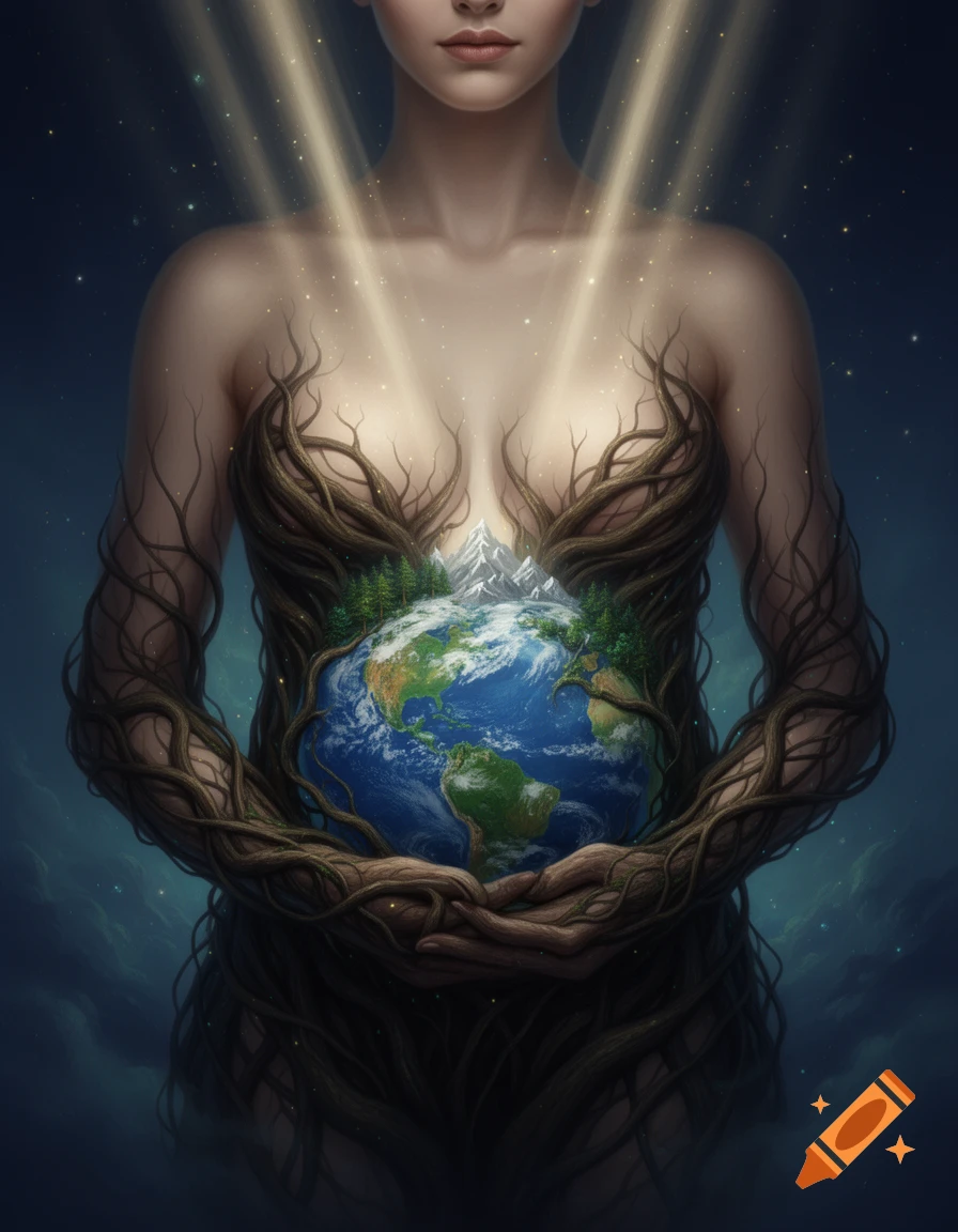 Surreal digital painting of a female torso with wooden roots forming and holding a miniature planet Earth.