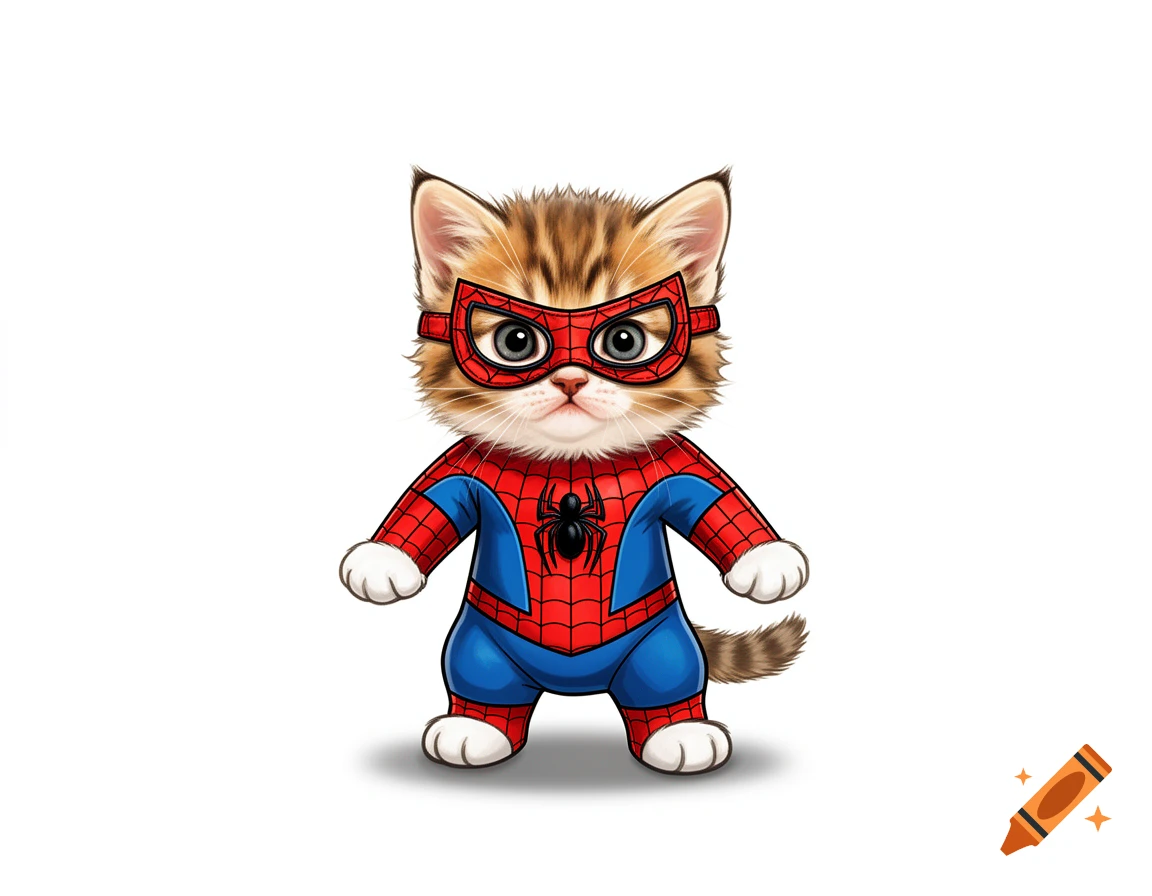 An adorable tabby kitten wearing a red and blue Spider-Man costume and mask, standing on a white background, digital art style.