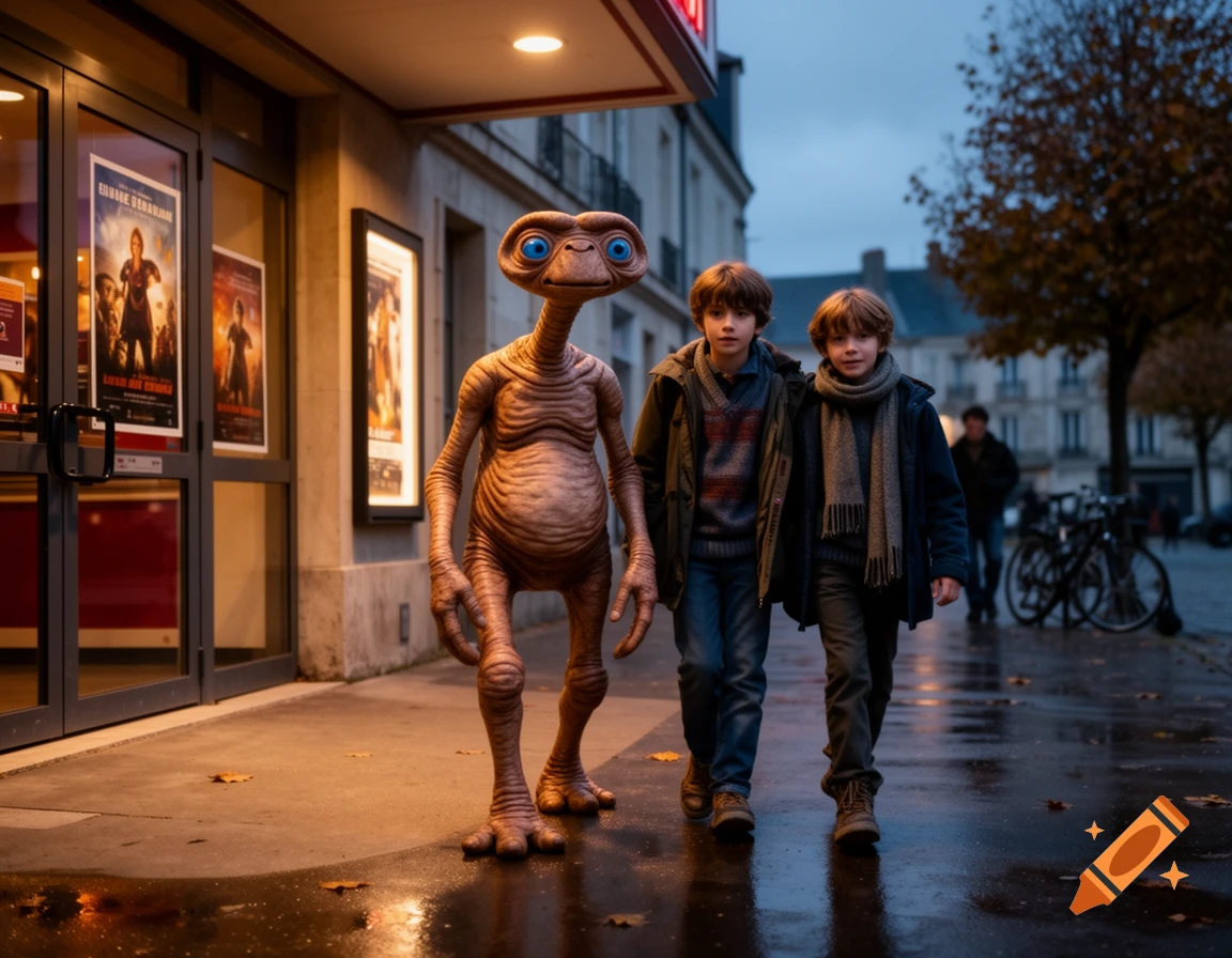Photorealistic scene of E.T. and two children walking outside a cinema at dusk, with wet pavement reflecting lights.