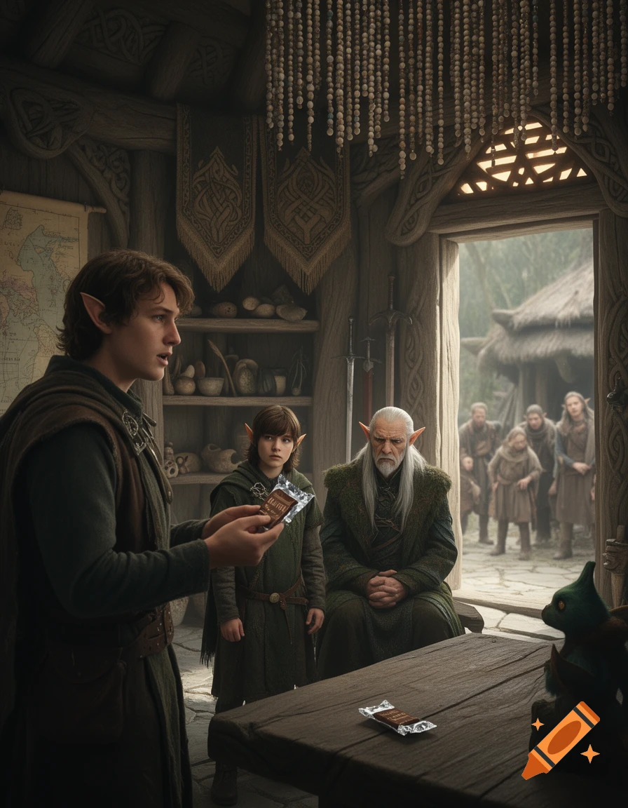 Fantasy scene in a wooden cabin where an elf character holds foil wrappers while other elves look on.