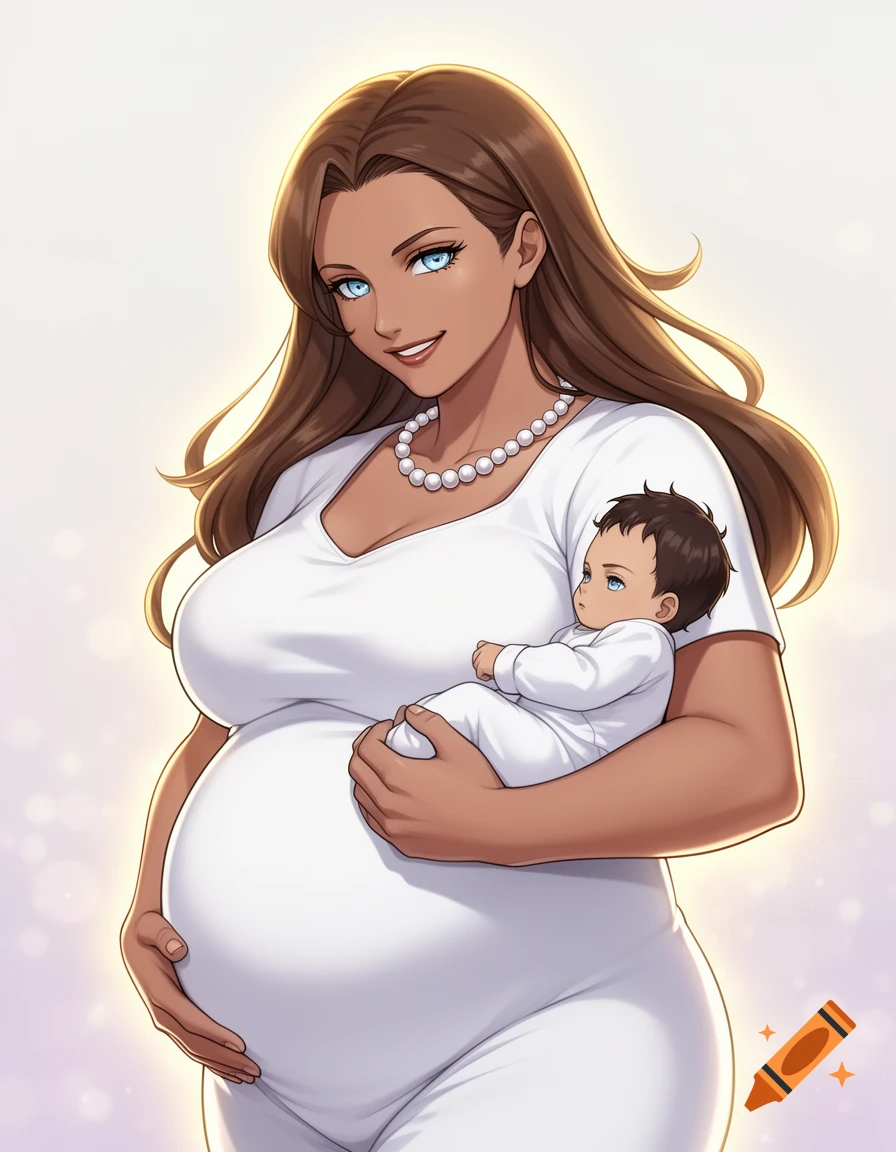 Digital anime illustration of a smiling pregnant woman in a white dress holding a baby boy.