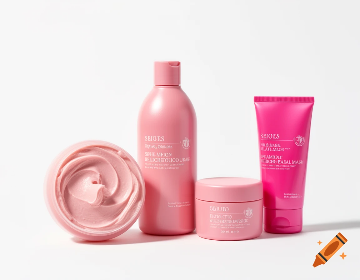 Product photography of pink skincare items including a jar of cream, a pump bottle, a smaller jar, and a tube against a white background.