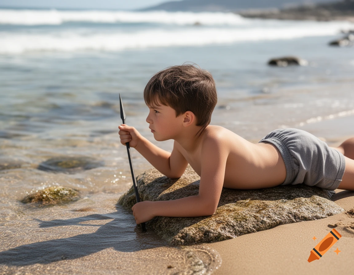 Photorealistic image of a young boy lying on a rock at the beach, holding a small toy spear.