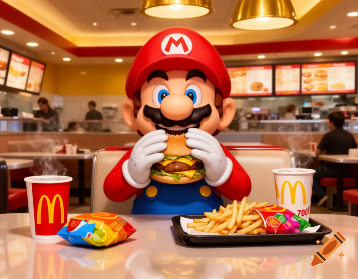 Mario sitting in a McDonald's restaurant eating a hamburger, surrounded by fries and drinks with the Mcdonald's logo.