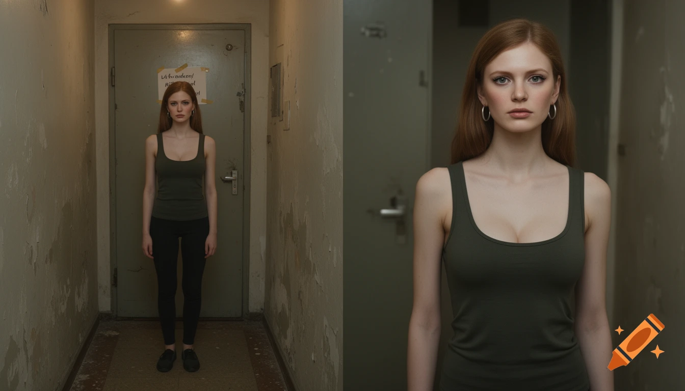 Split photorealistic image of a young woman with red hair and grey eyes standing in an apartment hallway.