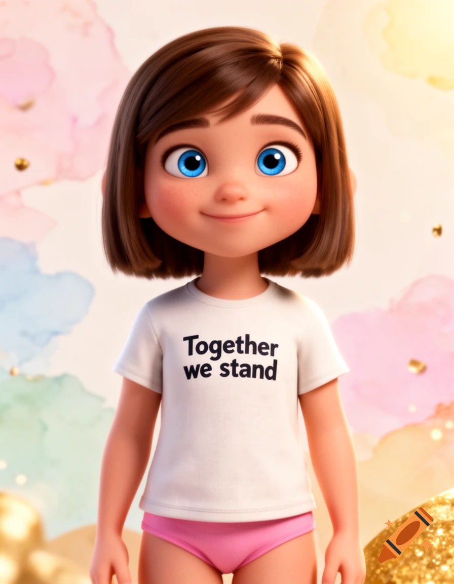 3D animated style character of a young girl with brown hair and blue eyes wearing a t-shirt that says Together we stand.
