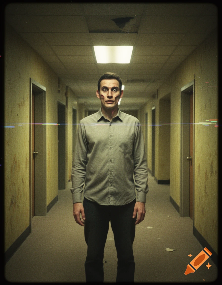 Distorted man with asymmetric features standing in an empty office corridor with yellow wallpaper and flickering fluorescent lights.