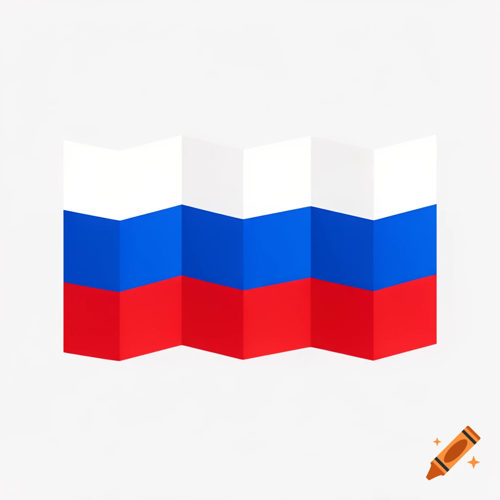 Minimalist graphic representation of the Russian flag with a folded paper effect on a white background.