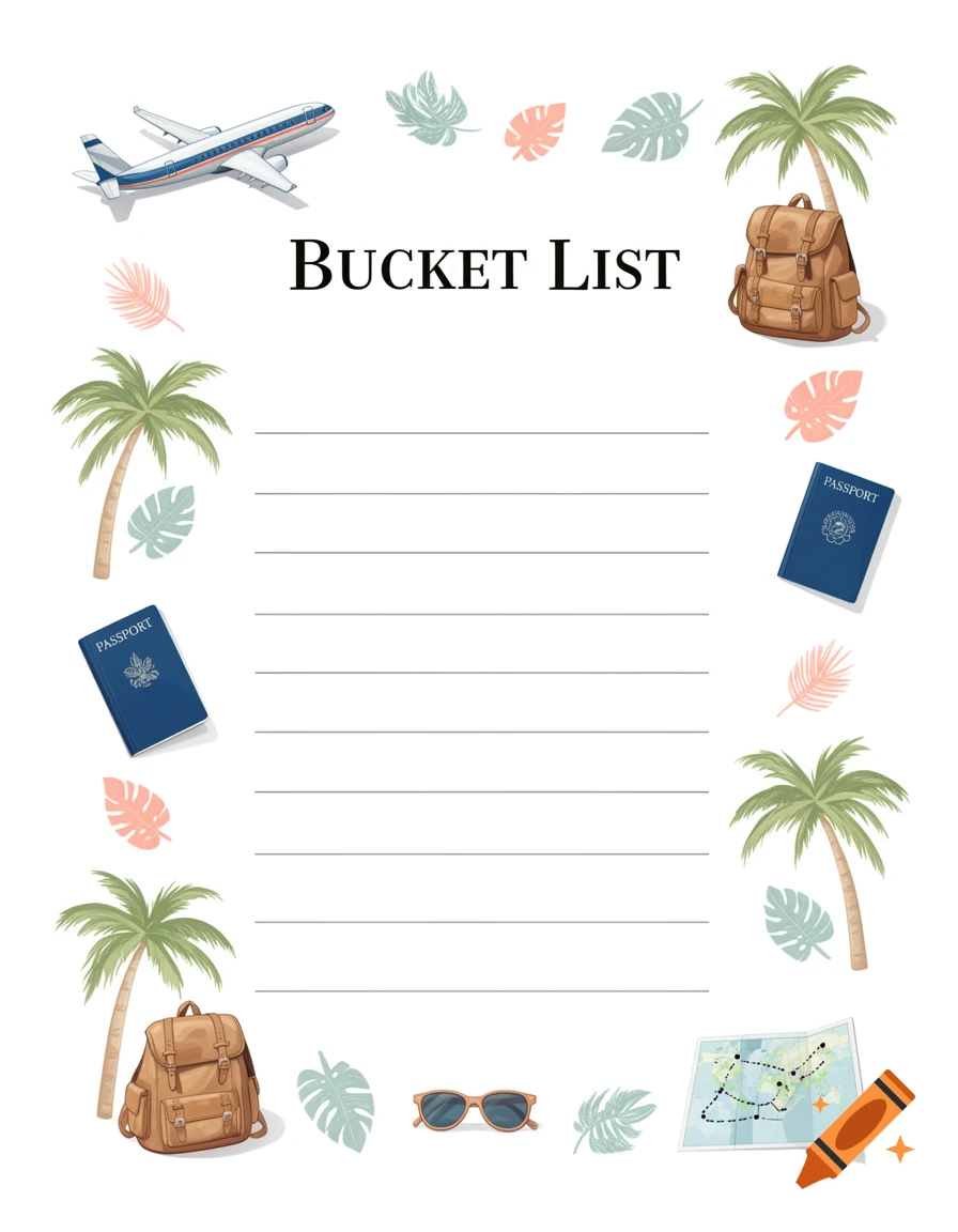 Bucket list template with a white background, lined paper, and travel-themed illustrations including airplanes, passports, and palm trees.