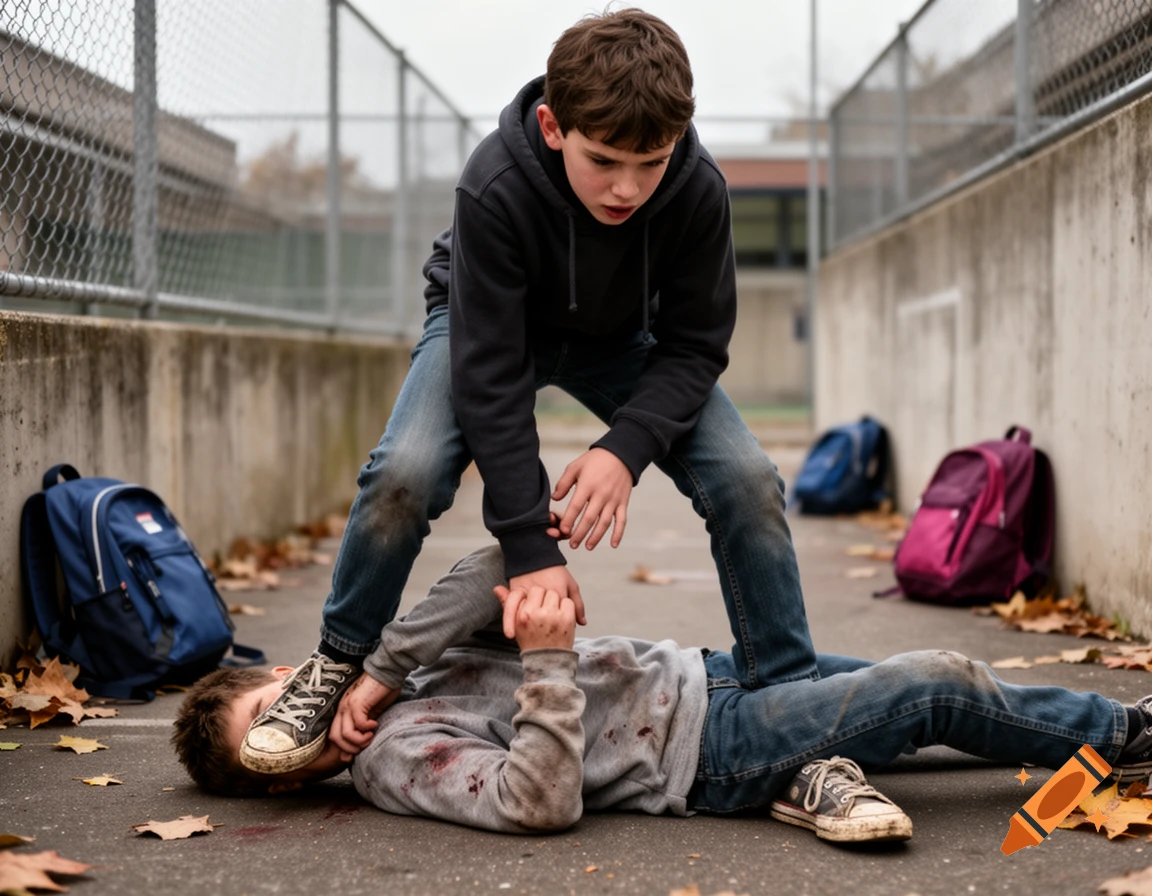 Photorealistic scene of a boy standing over another injured boy lying on the ground outdoors, with backpacks and a chain-link fence in the background.