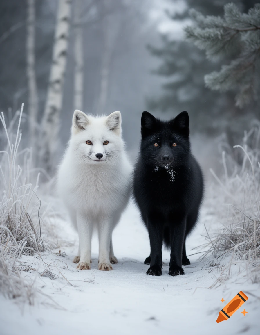 Photorealistic image of a white fox and a black fox standing together in a snowy winter forest.