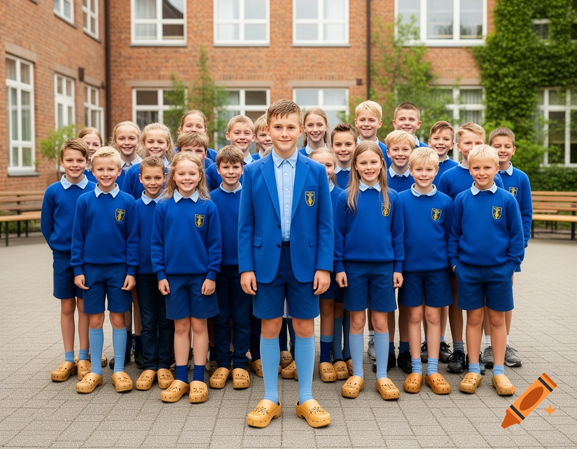Photorealistic group photo of a school class in uniform wearing wooden clogs in front of a brick building.