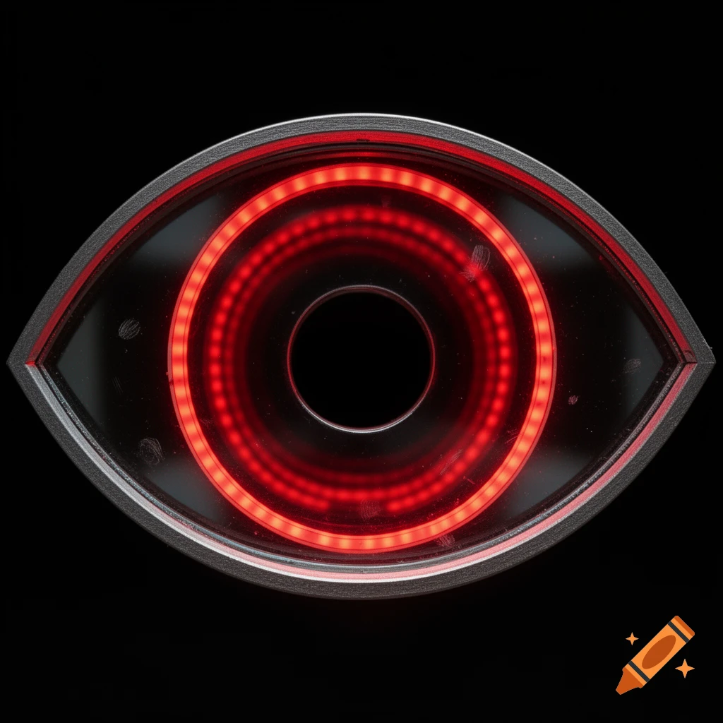 Close-up of an eye-shaped infinity mirror with glowing red LED rings inside, centered on a black background.