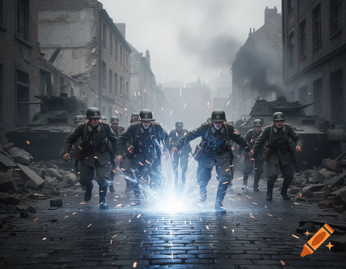 Photorealistic scene of soldiers in World War II uniforms running down a ruined city street while a magical blue spell explodes on the cobblestones.