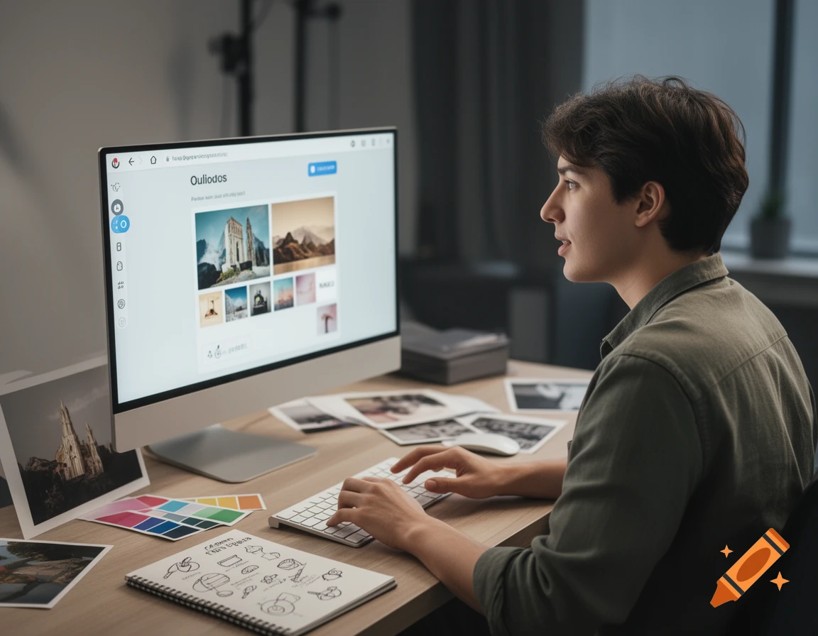 A young man sitting at a wooden desk, typing on a keyboard while looking at a desktop monitor displaying a website interface.