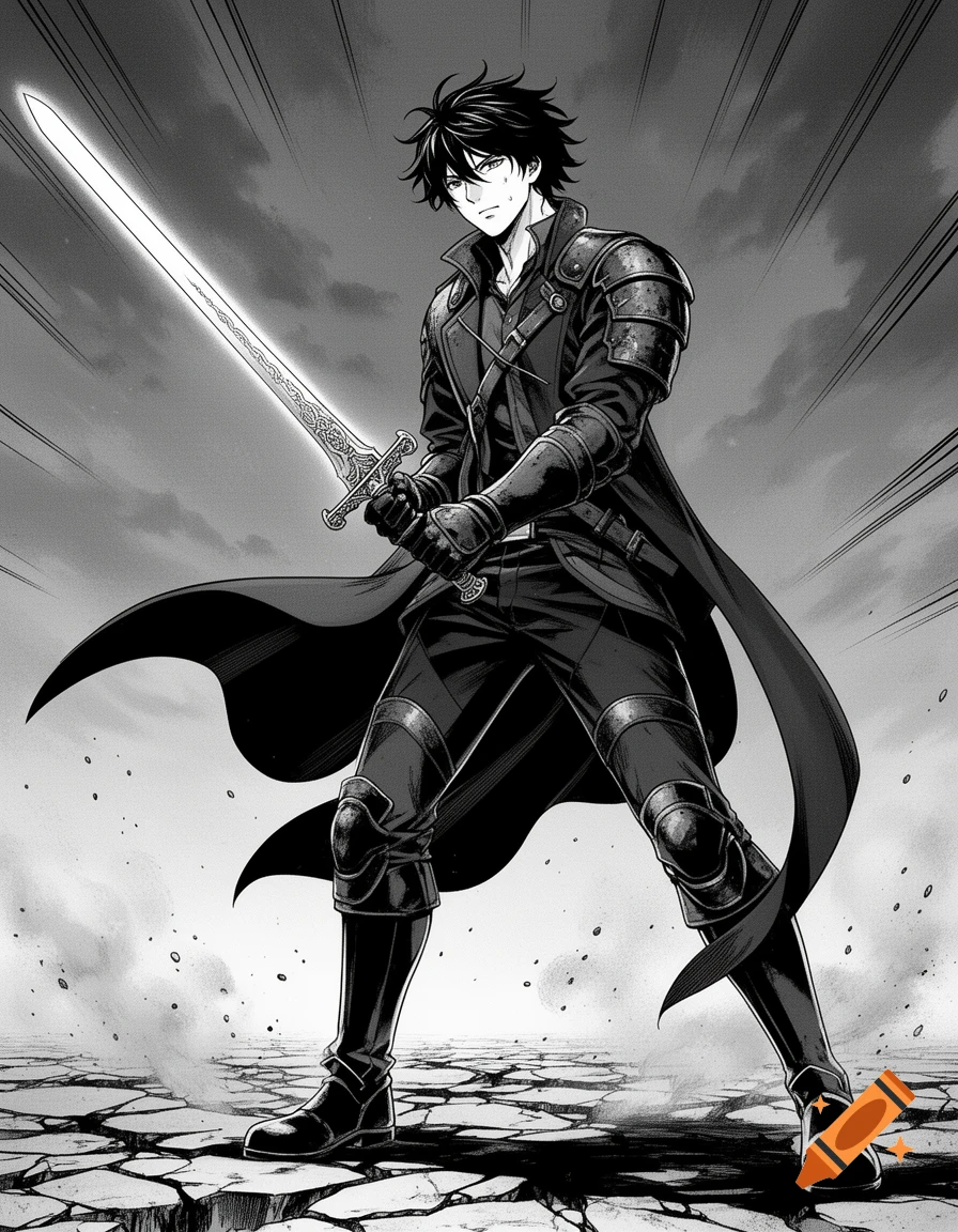 Manga-style black and white illustration of a determined male warrior with dark hair holding a glowing sword.