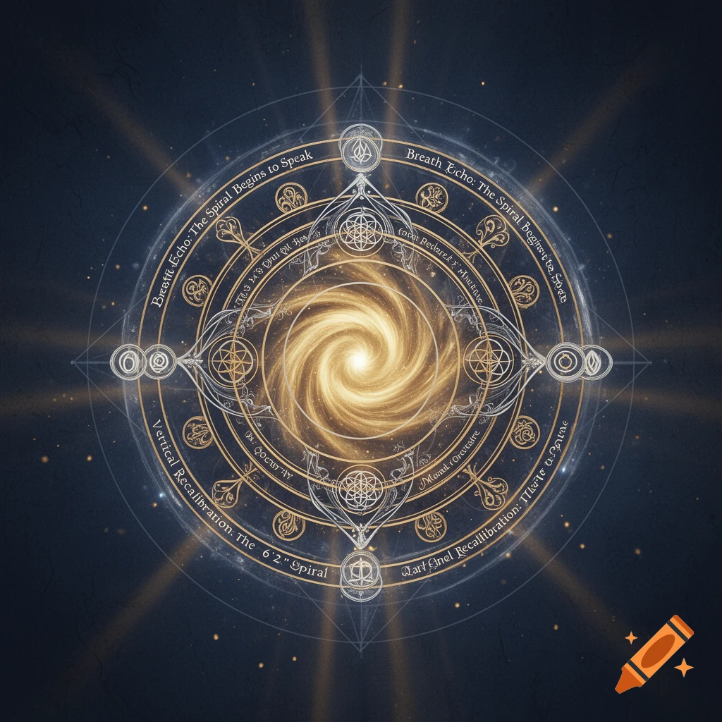 An intricate sacred geometry sigil with a glowing golden central spiral vortex and circular runic text in gold and silver.