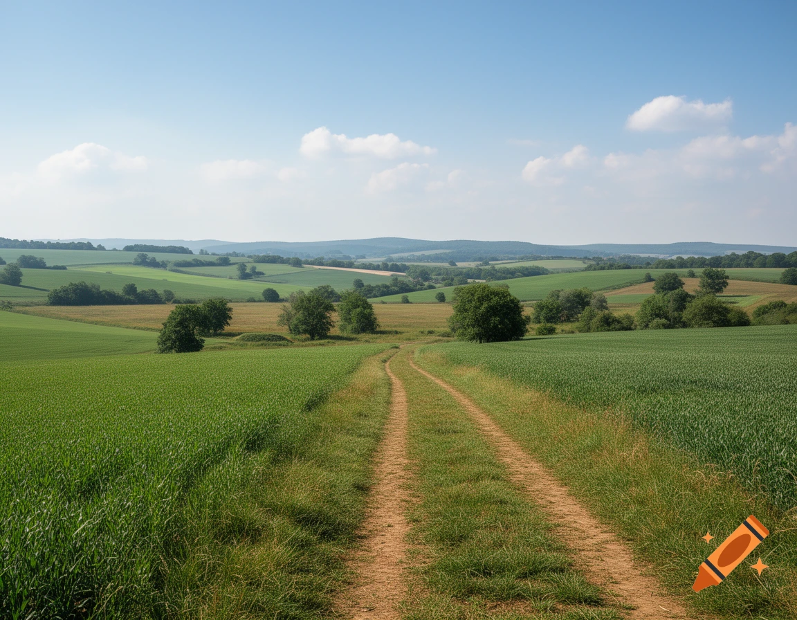Photorealistic landscape of a dirt path leading through green fields under a blue sky with light clouds.