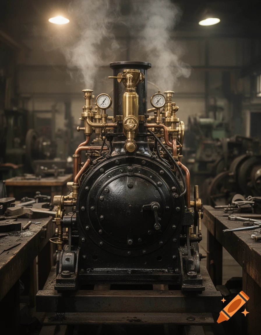 Photorealistic close-up of a vintage black and brass steam engine in a workshop with steam rising.