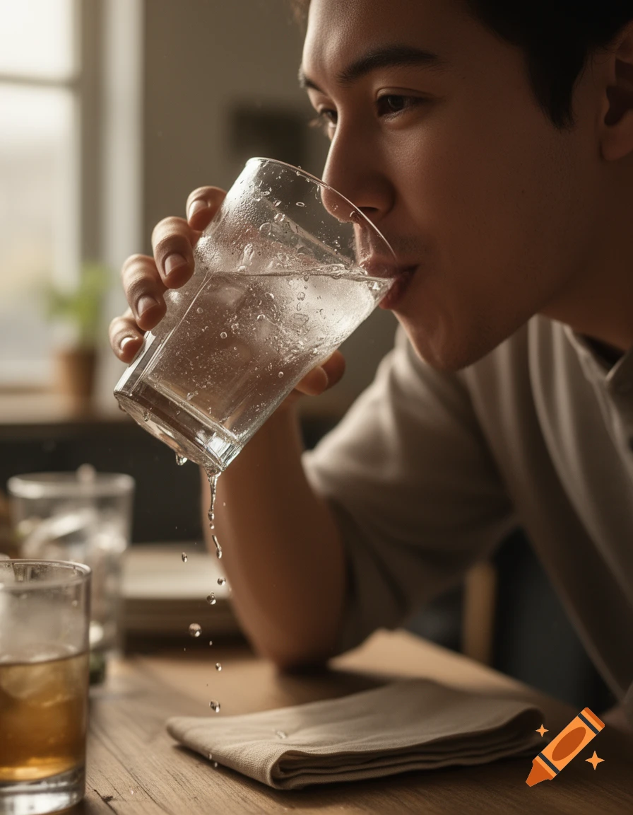 Close-up of a young man drinking water from a glass with water spilling down, in a photorealistic style.