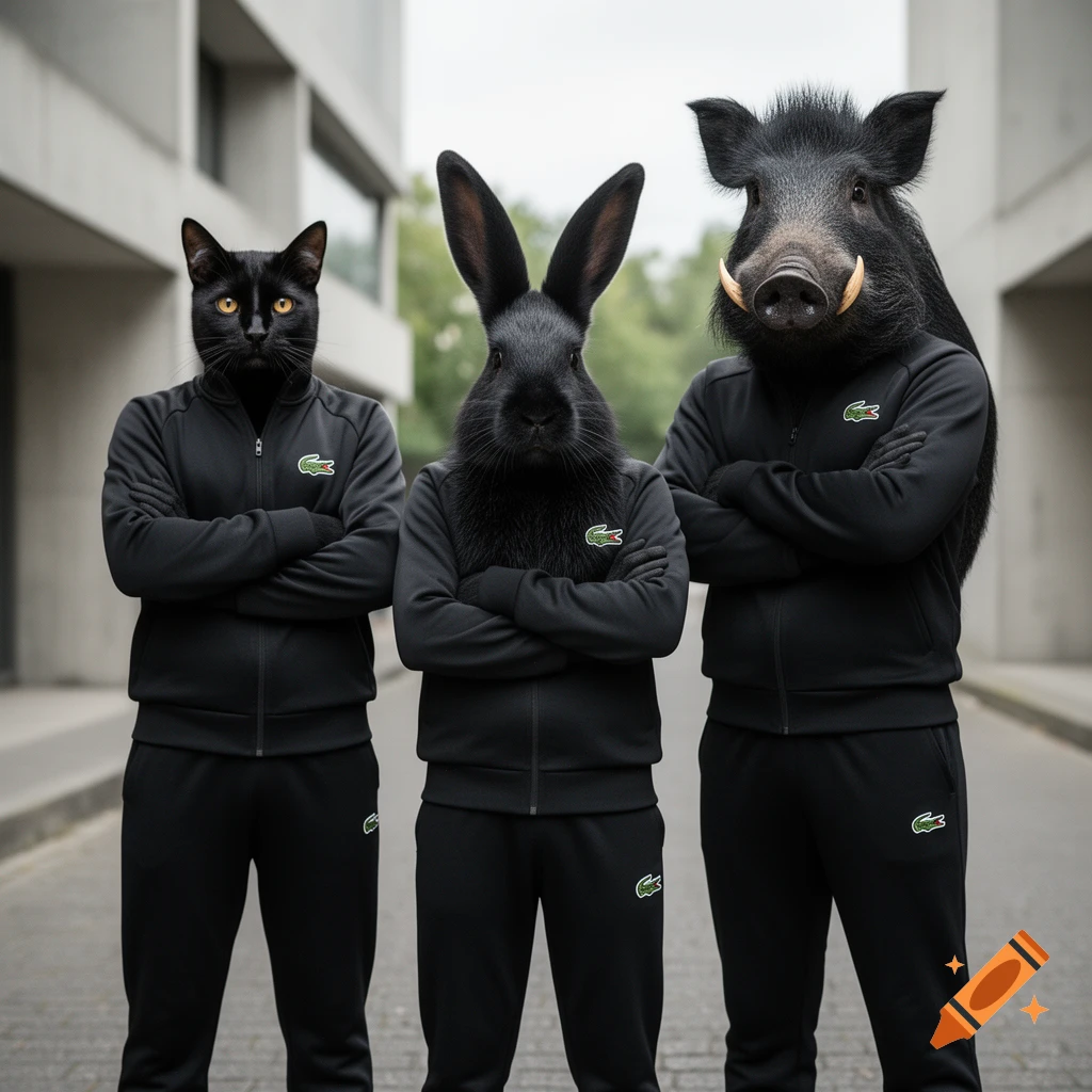 Photorealistic image of three anthropomorphic animals—a black cat, a black rabbit, and a black boar—wearing black Lacoste tracksuits and standing with arms crossed in front of a modern building.