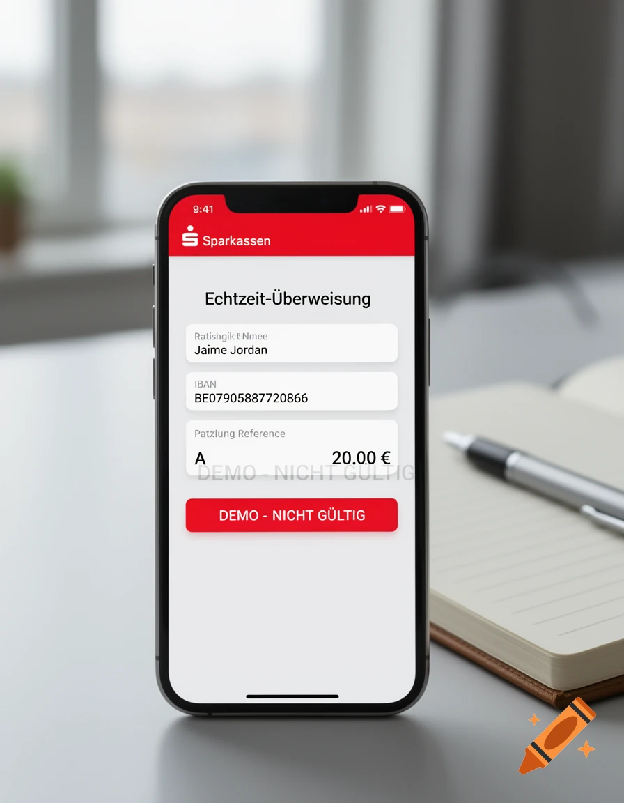 A smartphone on a desk displaying a banking app interface with minor text errors.
