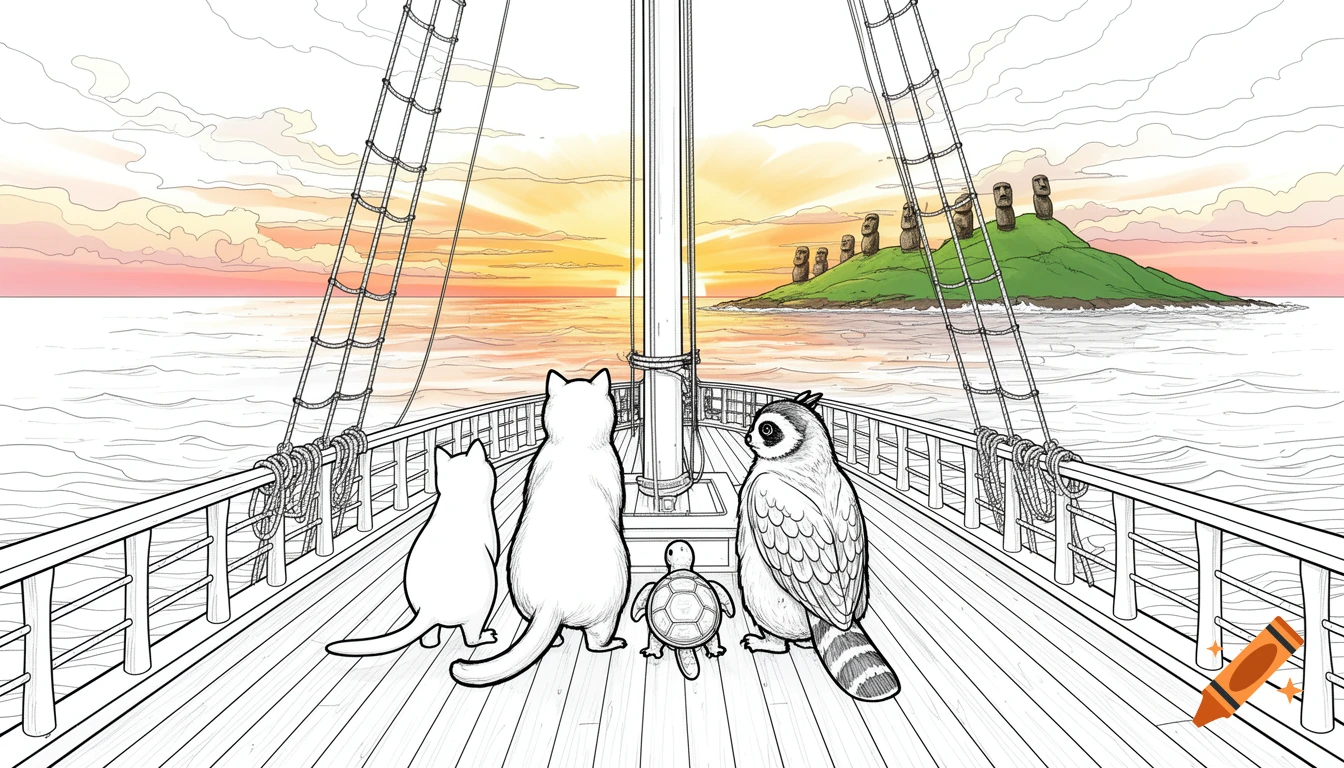 Black and white coloring book style illustration from behind of two cats, a turtle, a raccoon, and an owl on a ship deck looking at Easter Island at sunset.