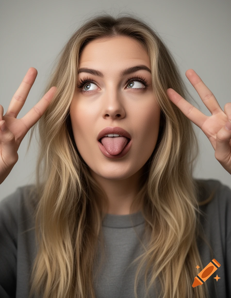 Photorealistic close-up portrait of a blonde woman making a silly face with her tongue out and making peace signs with her hands.